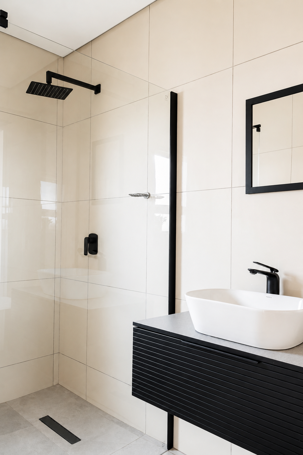 Walk-in shower with rain head next to vanity