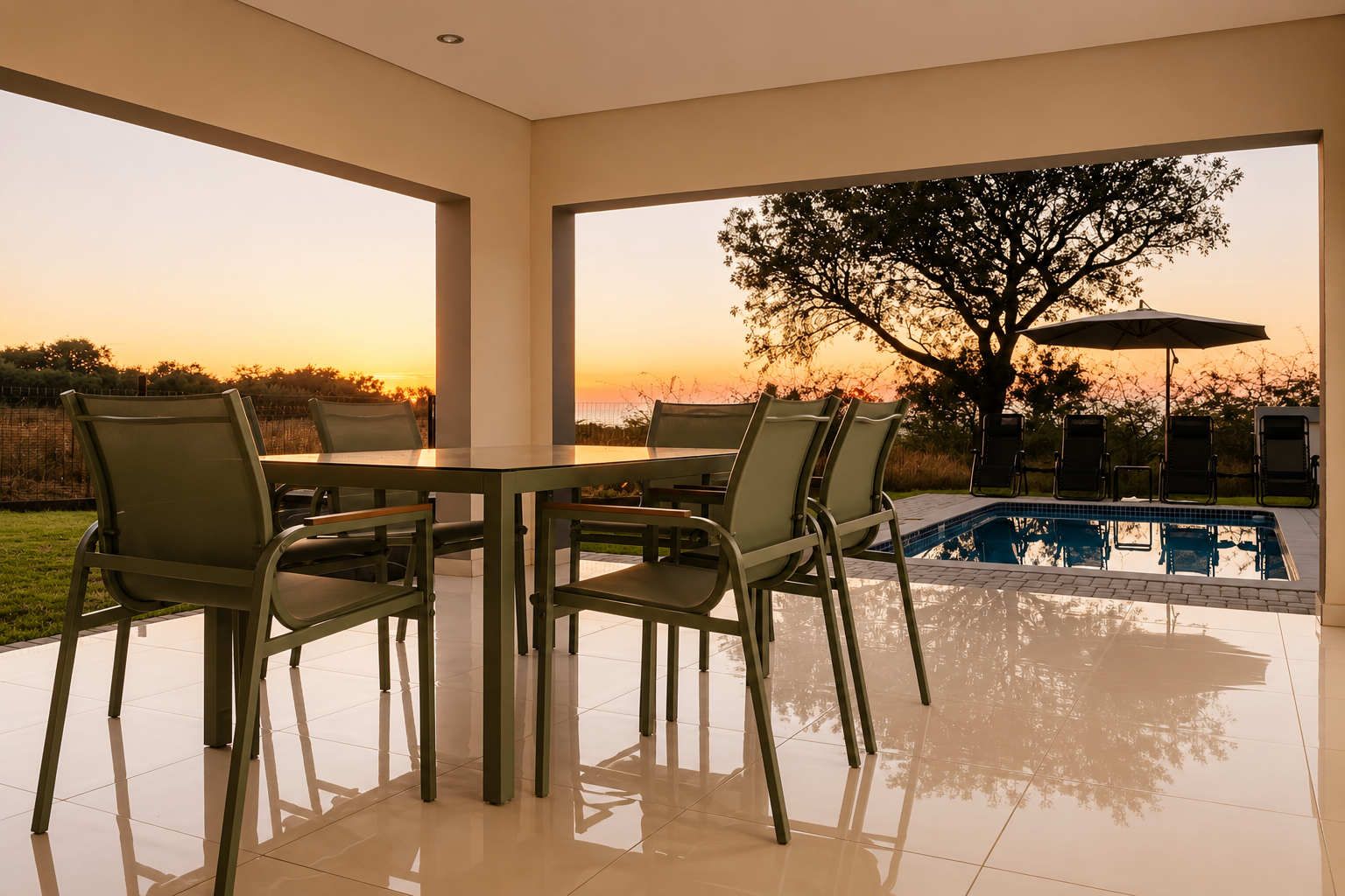 Patio dining setting with pool at golden hour