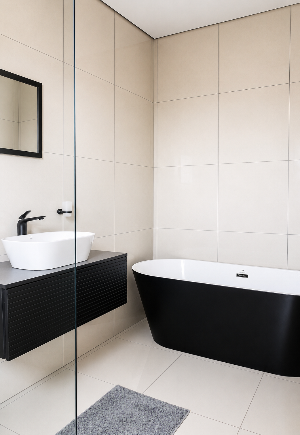 Main bathroom with freestanding tub and floating vanity